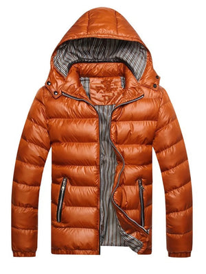 Orange hooded puffer jacket for men with striped lining and zip pockets.
