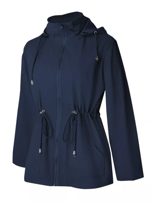 Dark blue waterproof hooded zip-up jacket with drawstring waist and hood
