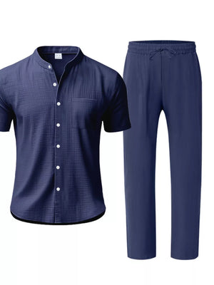 Men's Casual Button-up Short Sleeve Shirt And Pants Set, front view