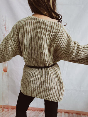 Oversized khaki ribbed knit sweater with belted waist and boat neck.
