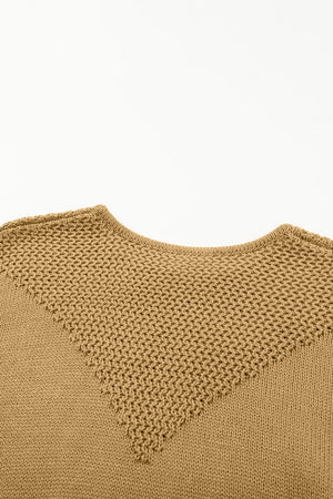 Tan knit sweater with roundneck and textured yoke detail