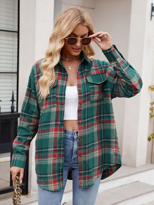 Green plaid overshirt with patch pockets and button front, styled with a white crop top.