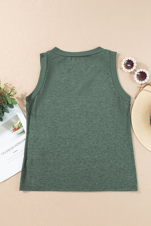 Sage green textured V-neck sleeveless tank top with ribbed trim