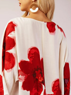 Floral Print Round Neck Dress in Blue, model styling view