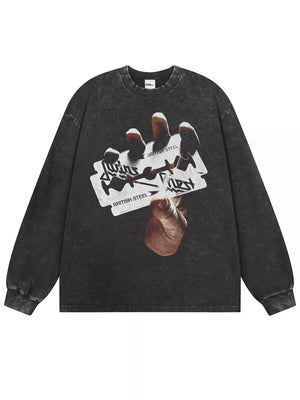 Dark gray graphic long sleeve tee with a razor blade and hand design.