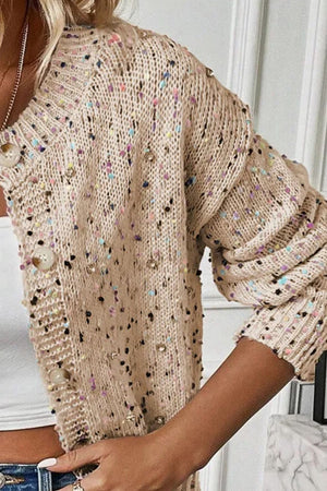 Confetti knit button-up cardigan in Dust Storm with colorful flecks and pearl buttons.