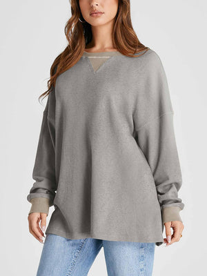 Gray waffle knit raglan sleeve sweatshirt with contrast neckline and cuffs