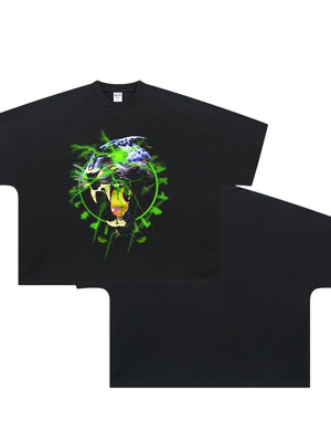 Black oversized tee with electric leopard graphic print and green lightning details.