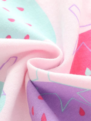Toddler tee with strawberry print, pink, purple, and mint green pastel colors, cotton blend fabric.