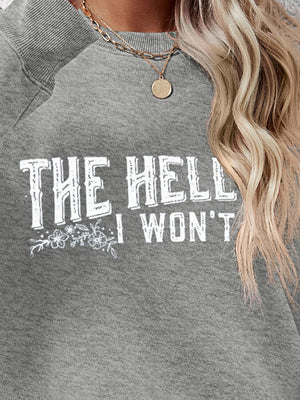 Graphic crewneck sweatshirt in charcoal with white text graphic and floral detail