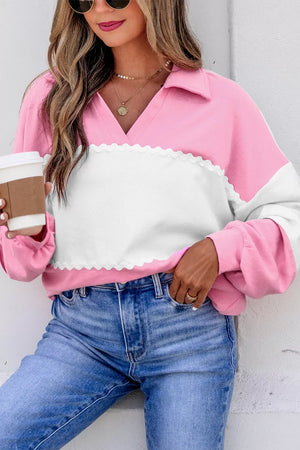 Color Block Ricrac Trim V Neck Long Sleeve Top in Pink, front view