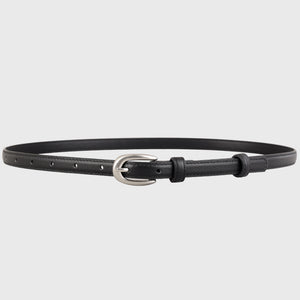 Black leather skinny belt with silver buckle and adjustable holes