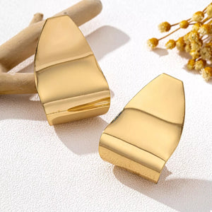 Golden alloy geometric earrings with a polished finish and abstract shape.