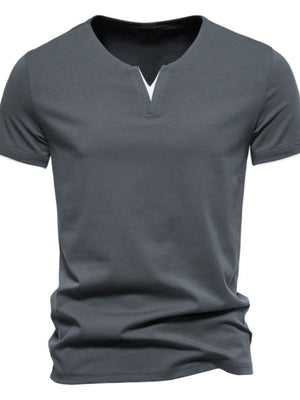 Men's dark gray cotton slim fit tee with notched V-neck