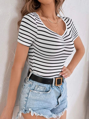 White and black striped t-shirt with ruched bust detail and V-neck.