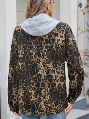 Leopard print denim shacket with removable grey hood, back view.