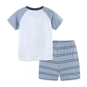Toddler cotton sleepwear set with white raglan tee and blue striped shorts.
