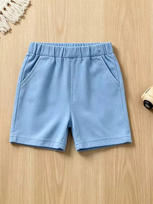 Baby blue cotton shorts with elastic waistband and pockets.