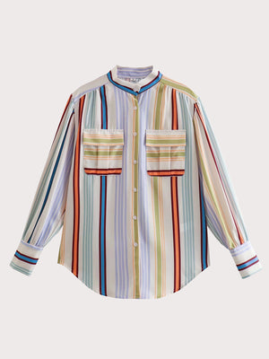 Prismatic stripe band collar blouse with buttoned pockets and cuffs.