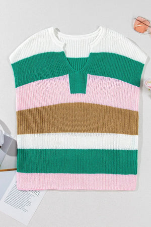 Colorblock knit v-neck tee with green, pink, brown, and white stripes.