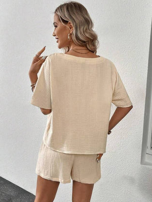 Textured gauze lounge set in tan, featuring a relaxed fit top with short sleeves and matching shorts.