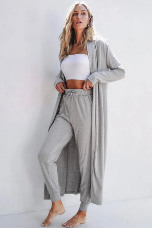 Gray duster and jogger set with drawstring waist, soft loungewear for women.