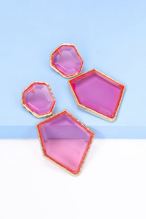 Resin facet drop earrings with gold trim in pink and red-violet hues.