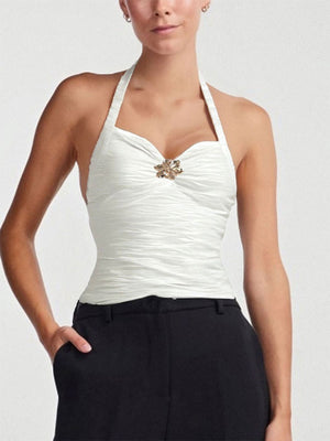 White ruched halter neck cami with floral brooch detail