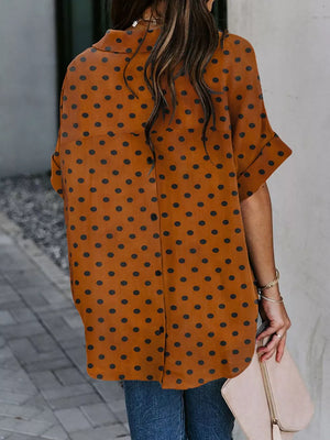 Brown Dot maternity shirt with half sleeves, collared neckline, and Dalmatian print.