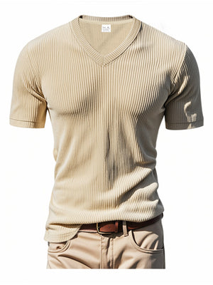 Apricot ribbed V-neck t-shirt with short sleeves.