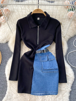 Black and blue denim patchwork mini dress with zip collar and belt