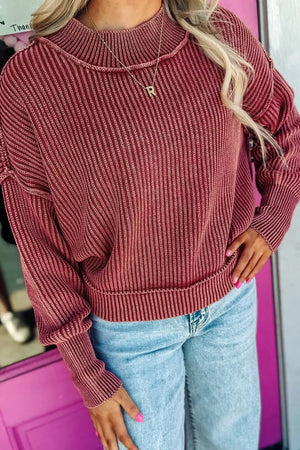 Drop Shoulder High Neck Ribbed Sweater in Burgundy, back view