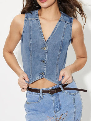 Light wash denim cropped bustier vest with button front and V-neckline.