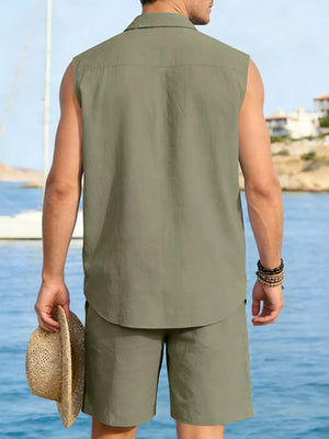 Men's relaxed fit linen two-piece set in Army Green, sleeveless shirt and shorts.