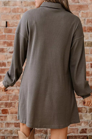 Casual Button-down Dress With Pockets in Dark Gray, close-up detail