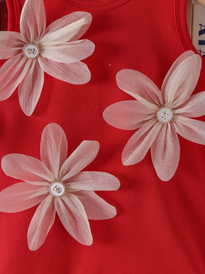 Children's Flower Sleeveless Round Neck Dress in Red, close-up detail