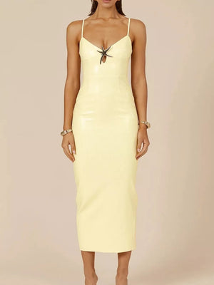 Sequined cami dress in apricot with a cutout detail and a slit.