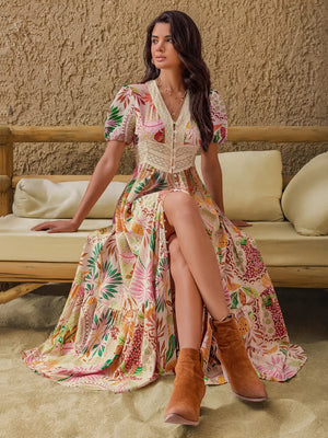 Tropical floral maxi dress with lace trim and button front, short sleeves, V-neck