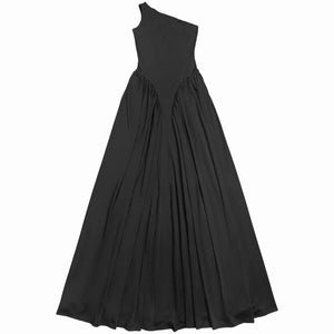 Black one-shoulder evening dress with ruched detailing and a flowing skirt.