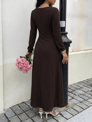 Long Sleeve Tie-front Maxi Dress in Brown, fabric detail