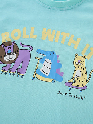 Boys' underwear set with playful animal graphics on light blue cotton.