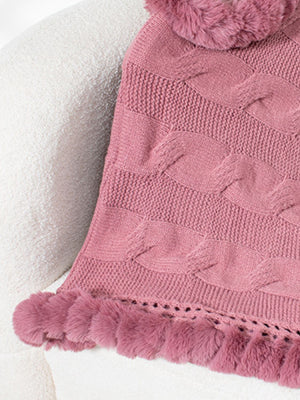Dusty Pink cable knit poncho with faux fur trim and cable detail