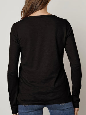 Black long sleeve casual top with a textured finish.