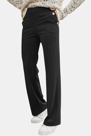 Black wide leg trousers with gold button detail