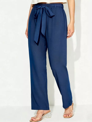 Blue maternity pants with adjustable tie waist and relaxed wide leg