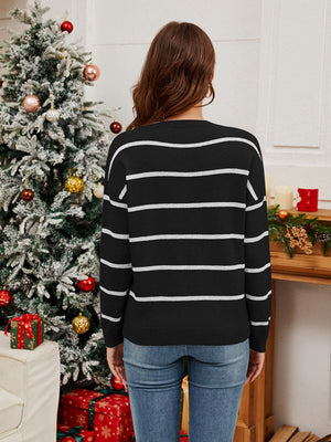 Black Sequin Santa Stripe Knit Jumper with white horizontal stripes, crew neck, long sleeves.