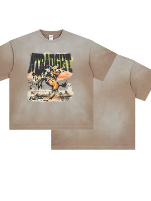 Vintage graphic oversized tee in khaki with a cowboy on a bucking horse and the word STRAUGHT.