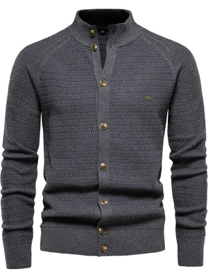 Dark Gray textured knit stand collar cardigan with button closure