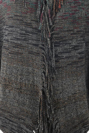 Textured knit cape in gray with colorful threads and fringe detail