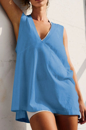 Oversized blue V-neck tank top with a chest pocket and relaxed fit.